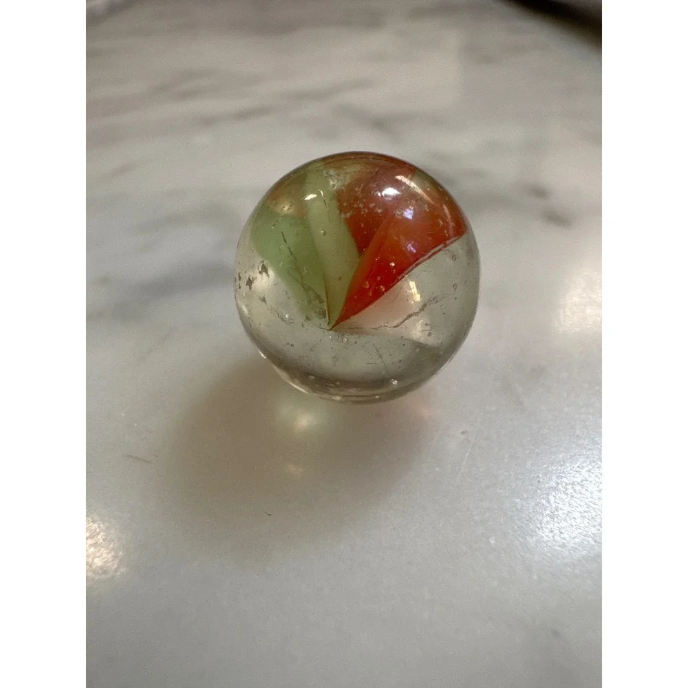 Vintage 15mm Glass Catseye Marble Orange Green White Tri-Color 4-Vane Swirl